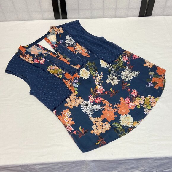 Daniel Rainn V Neck Sheer Keyhole Back Dot & Floral Top Navy Orange S Sleeveless - Picture 8 of 14